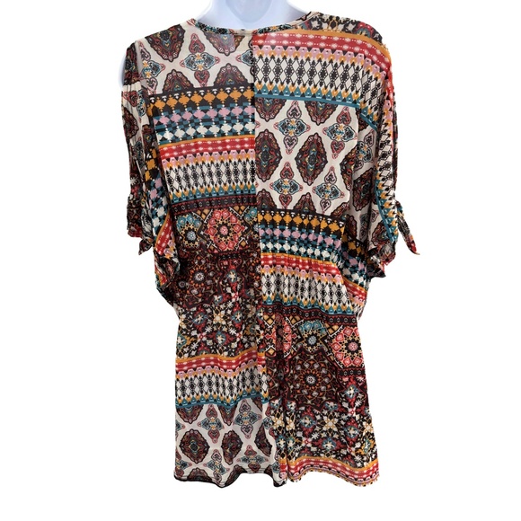 EMBER Coffee Brown Deep Vneck Tie Cuffs Festival Boho Blouse Top Large vacation - Picture 6 of 8